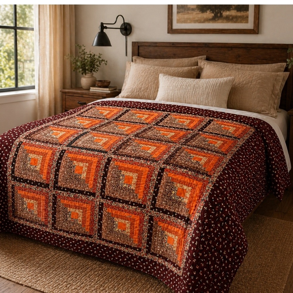 Vintage Handmade 90x82 Log Cabin Patchwork Quilt Orange Brown Floral Calico